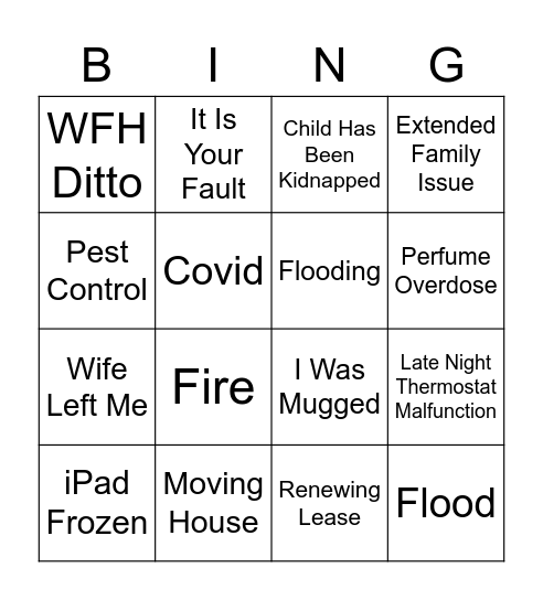 Excuse Bingo Card