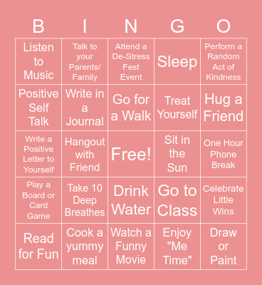 De-Stress Fest BINGO Card