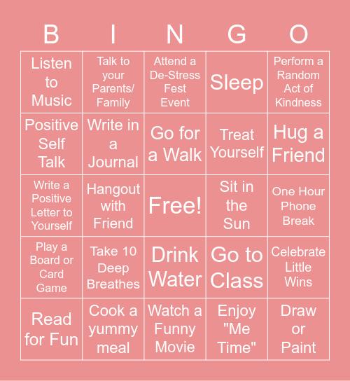 De-Stress Fest BINGO Card