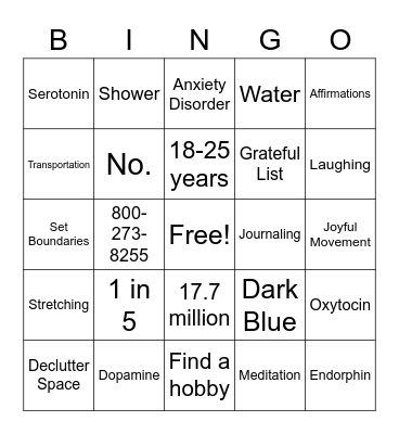 Mental Health Bingo Card