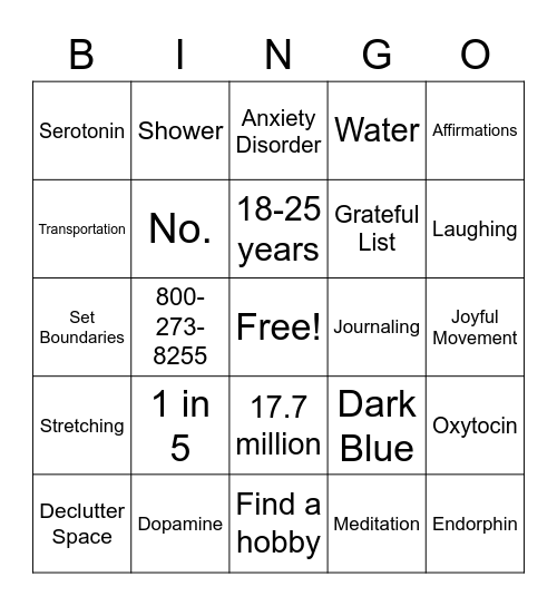 Mental Health Bingo Card