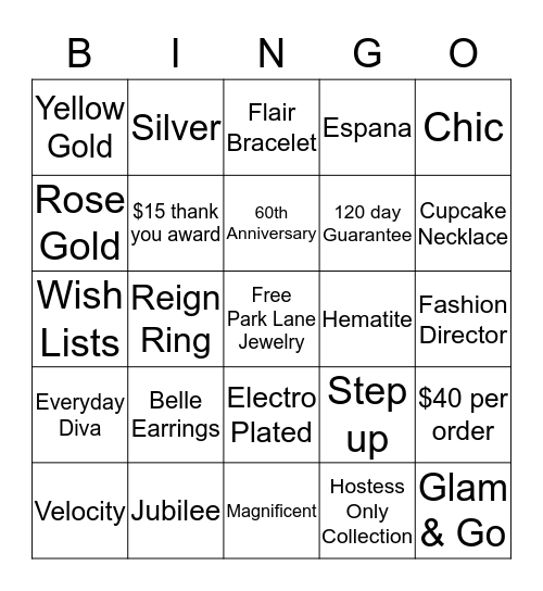 Park Lane Blingo Bingo Card