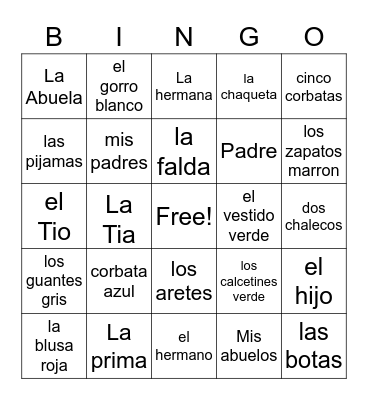 Familia, Ropa, Numeros, Colores Bingo Card