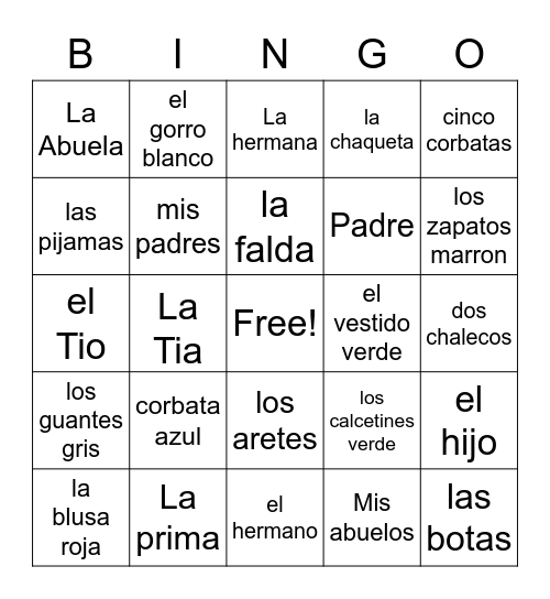 Familia, Ropa, Numeros, Colores Bingo Card