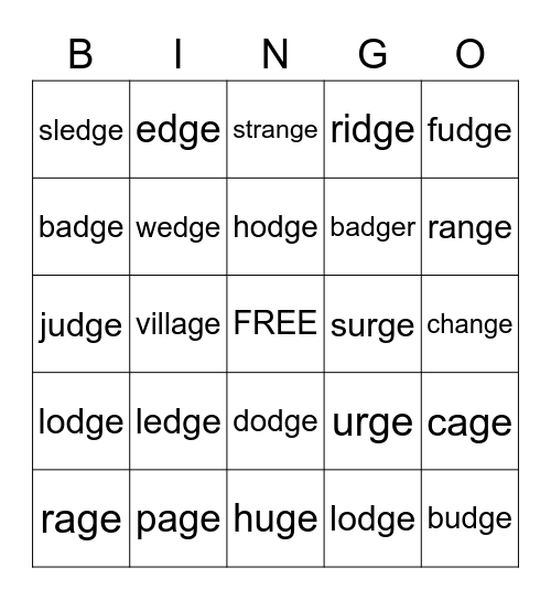 dge/ge Words Bingo Card