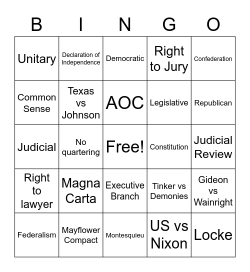 Civics Review Bingo 1 Bingo Card