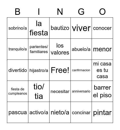 la familia Bingo Card