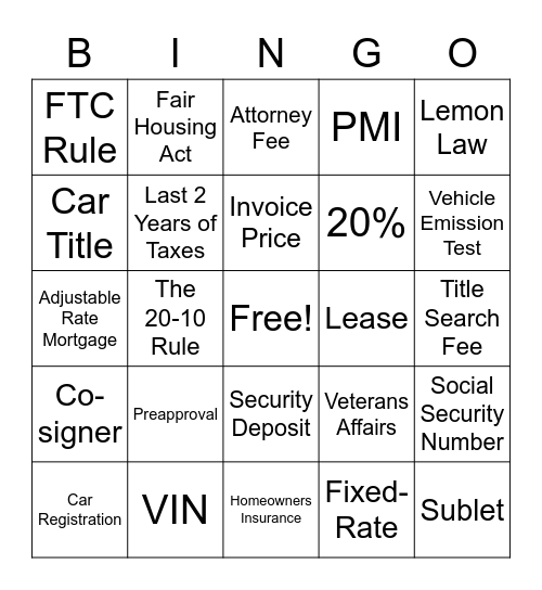Vehicle and Housing Bingo Card