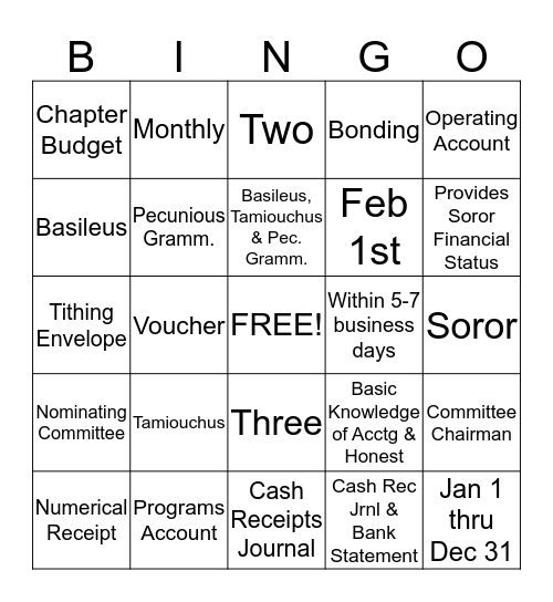 Theta Omicron Omega Finance Bingo Card