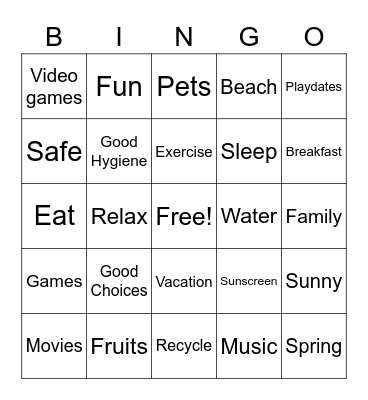 Spring Break Bingo Card