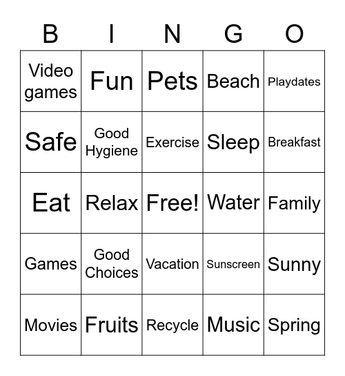 Spring Break Bingo Card