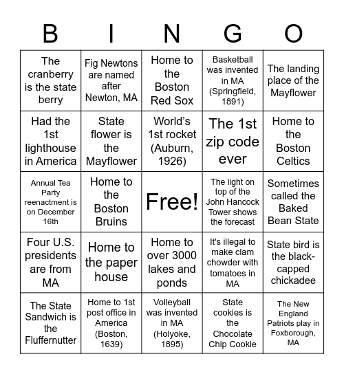 MA Fun Fact Bingo (Mrs. McL A Block) Bingo Card