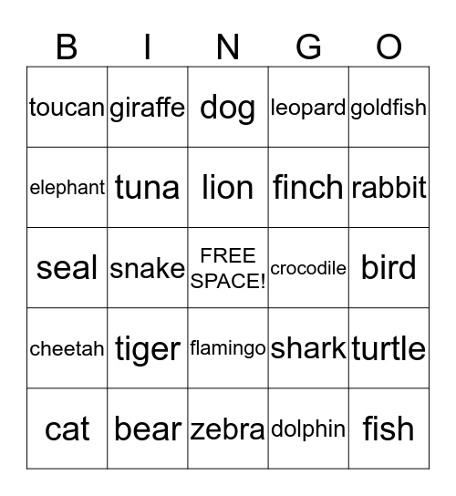 Animal Bingo Card