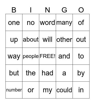 Sight Word Bingo Card