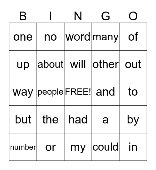 Sight Word Bingo Card