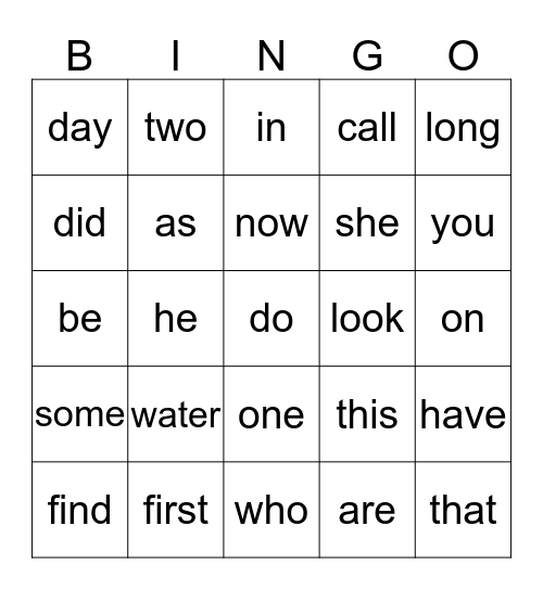 Sight Word Bingo Card