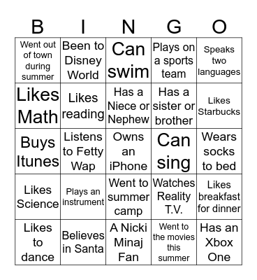 Getting Know You! Bingo Card