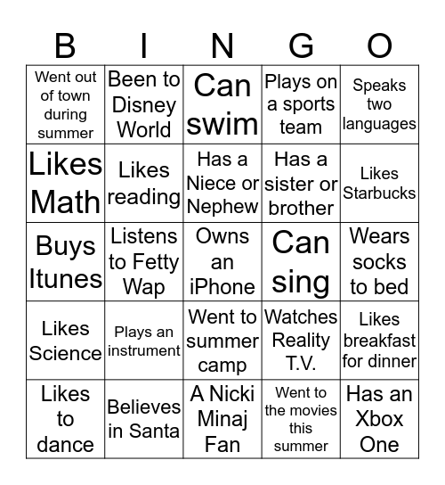 Getting Know You! Bingo Card