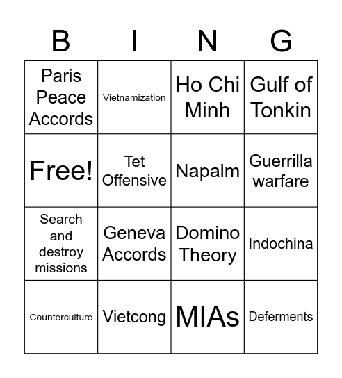 Vietnam War Vocabulary Bingo Card