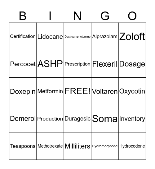 PHARMACY BINGO Card