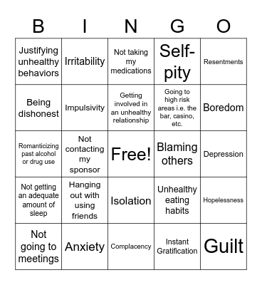 Relapse Warning Signs Bingo Card