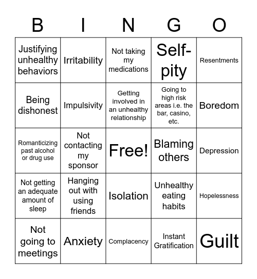 Relapse Warning Signs Bingo Card