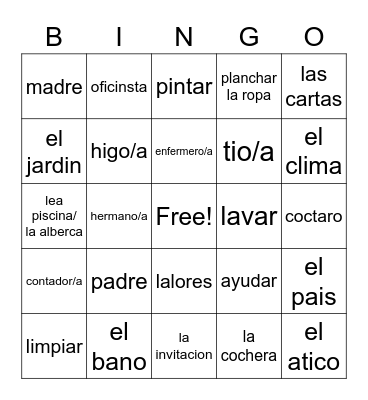 Spanish words Bingo Card