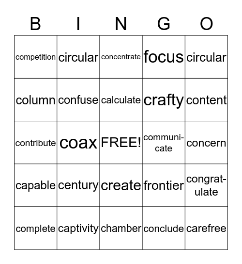 Fourth Grade "C" Words Bingo Card