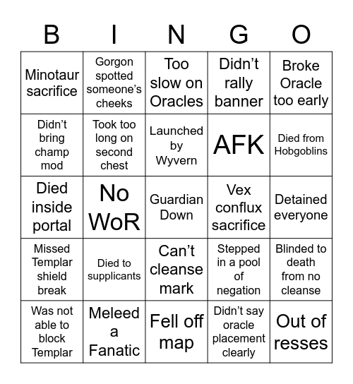 Vault of Glass Bingo Card