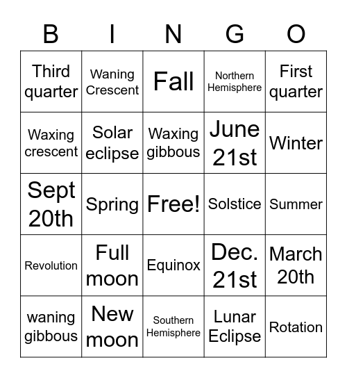 Sun Earth Moon Bingo Card
