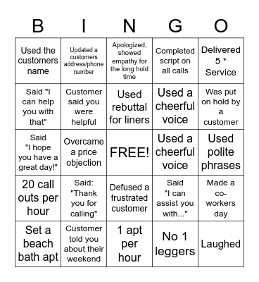 Call Center Bingo Card