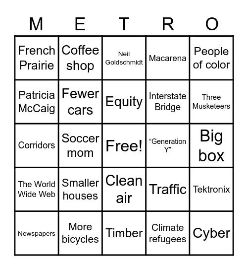 Metro 2040 Bingo Card