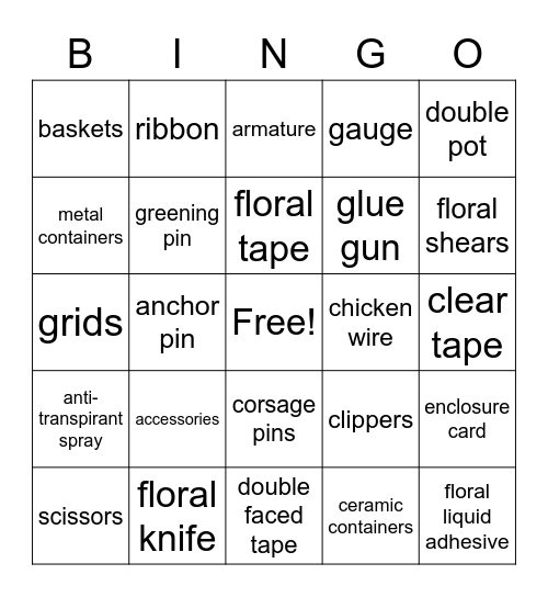 Floral Tools Bingo Card