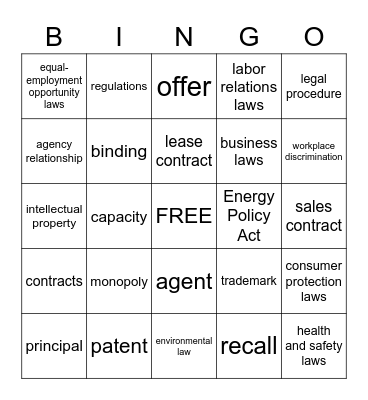 Ch. 8 Legal Issues Bingo Card