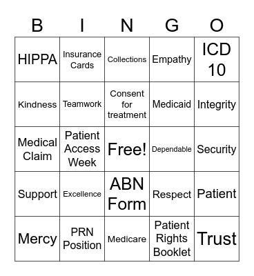 Patient Access Week Bingo Card