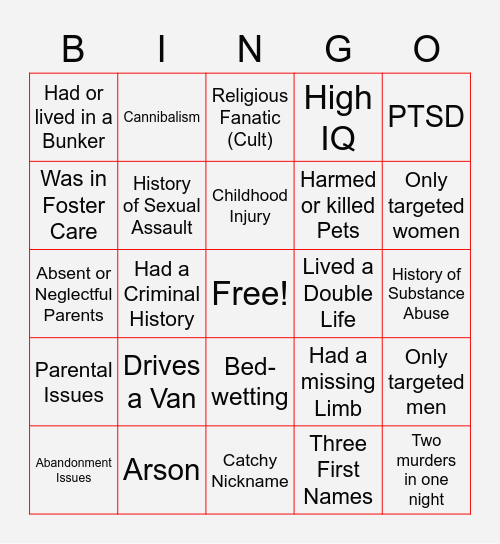 Serial Killer Bingo Card