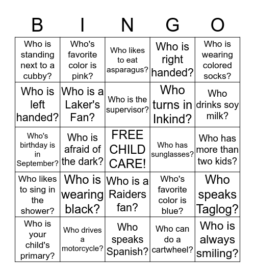 Early Head Start Bingo Card