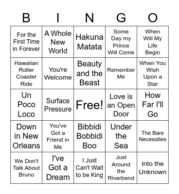 Disney Music Bingo Card