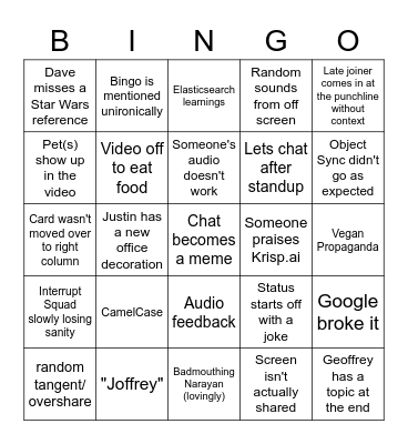 Platform Services Standup Bingo Card