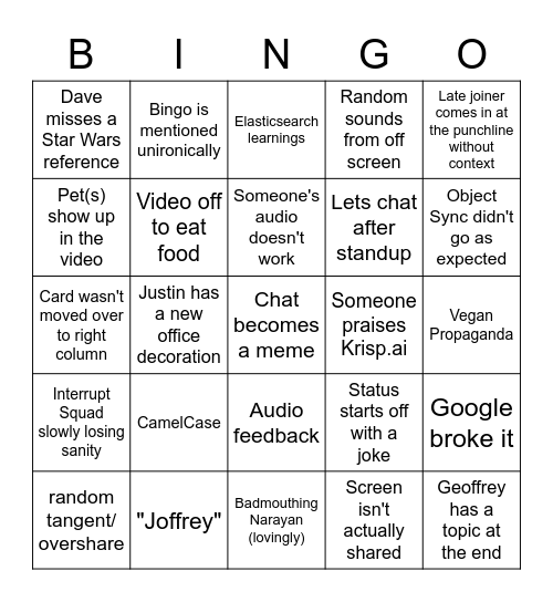 Platform Services Standup Bingo Card