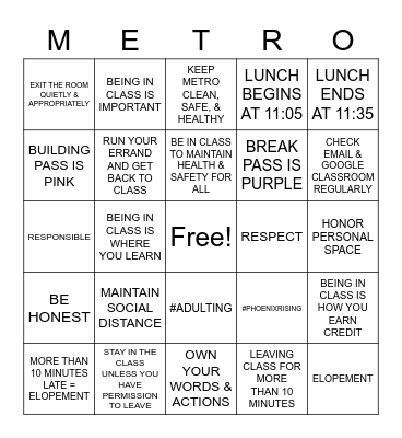 METRO Bingo Card