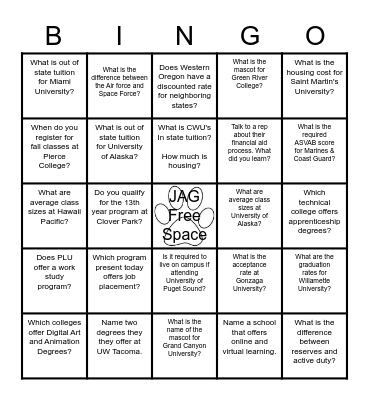 Black out "Bingo" JAG Style Bingo Card