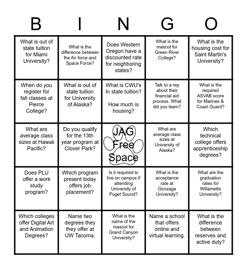 Black out "Bingo" JAG Style Bingo Card