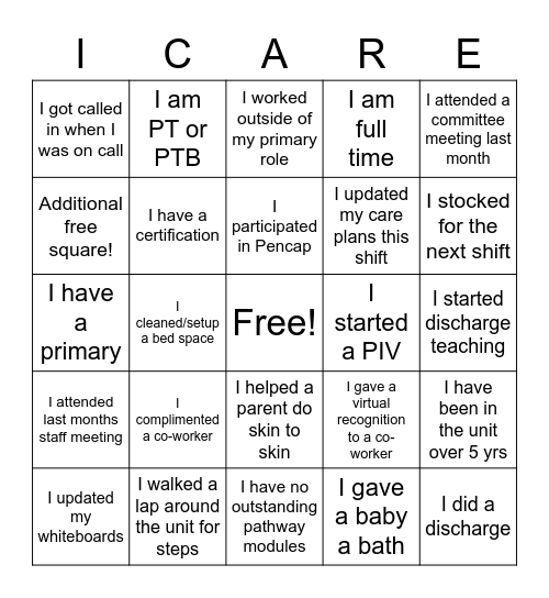 ICARE Friday Bingo Card