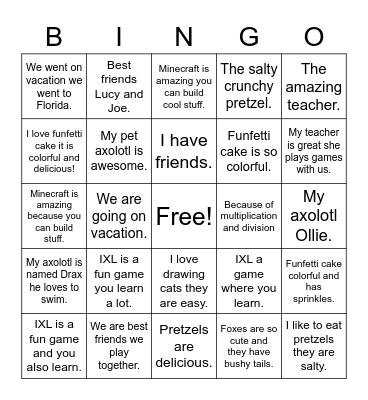 Complete Sentences Bingo Card