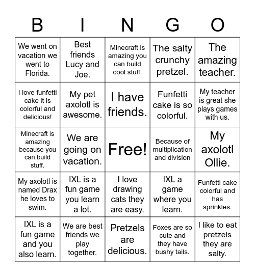 Complete Sentences Bingo Card
