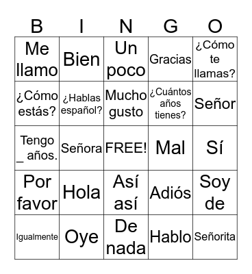 Spanish BINGO Card