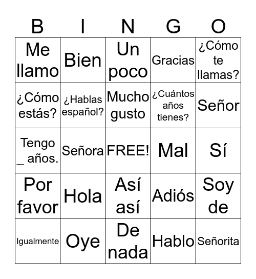 Spanish BINGO Card