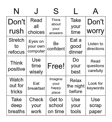 Test Taking BINGO Card