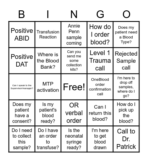 BLOOD BANK CALL BINGO Card